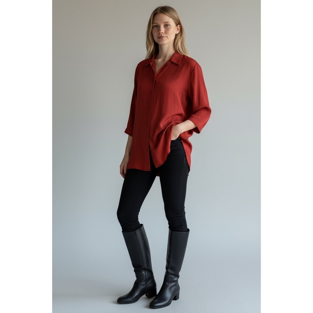 NEW Burgundy Button Down‎ Size XL Long Sleeve Tunic Top 3/4 Length
